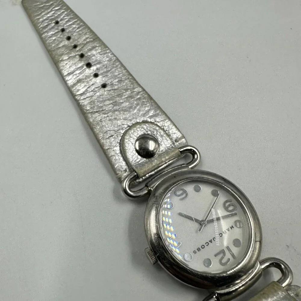 Marc Jacobs Watch Women Silver Tone White Dial Leather Band New Battery